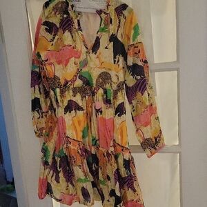 Pink and Orange Long Sleeve Bishop Sleeve V-neck Sundress